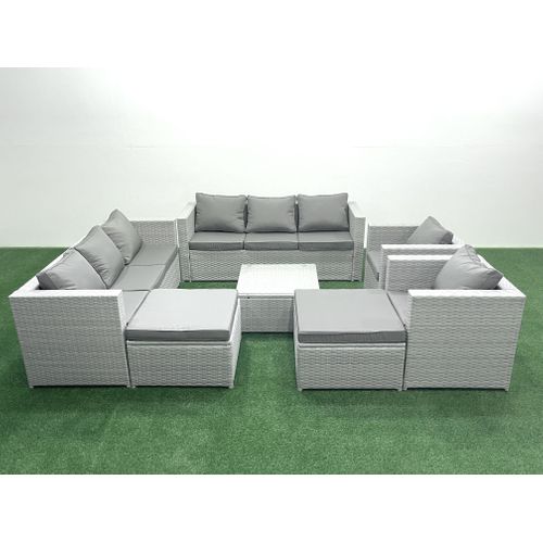 Salon De Jardin En Rotin Avec 2 Fauteuil Table Basse Carrée 2 Grand Tabourets Gris Clair Mixte