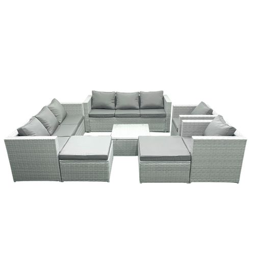 Salon De Jardin En Rotin Avec 2 Fauteuil Table Basse Carrée 2 Grand Tabourets Gris Clair Mixte