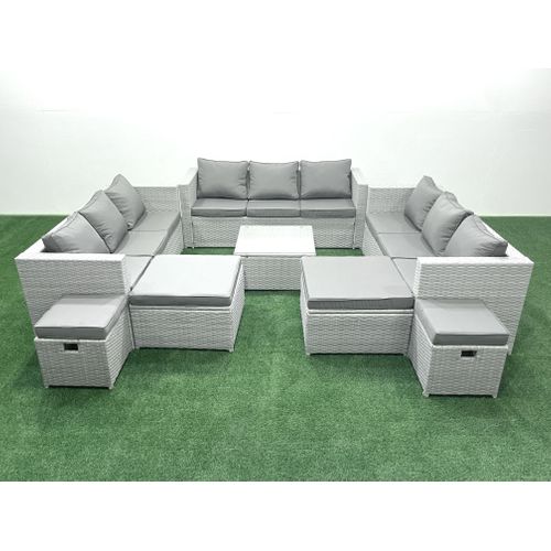 Ensemble De Meubles De Jardin En Rotin 13 Places Avec Canapé 4 Tabourets Gris Clair Mixte