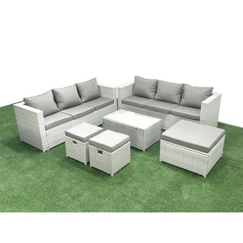 Ensemble De Meubles D'extérieur En Rotin 9 Places Avec 3 Tabourets Gris Clair Mixte