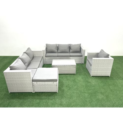 Meubles D'extérieur En Rotin Avec Fauteuil Table Basse Oblongue Grand Tabouret Gris Clair Mixte