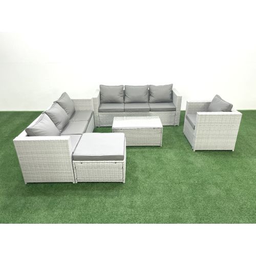 Meubles D'extérieur En Rotin Avec Fauteuil Table Basse Oblongue Grand Tabouret Gris Clair Mixte