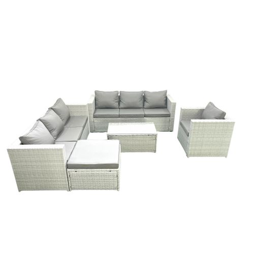 Meubles D'extérieur En Rotin Avec Fauteuil Table Basse Oblongue Grand Tabouret Gris Clair Mixte