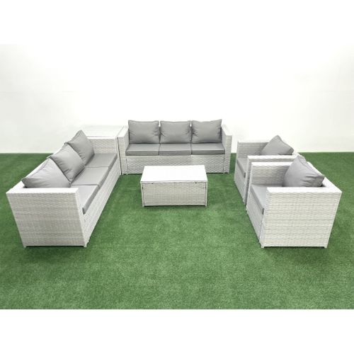 Salon De Jardin En Rotin Avec 2 Fauteuil Table Basse Oblongue Table D'appoint Gris Clair Mixte