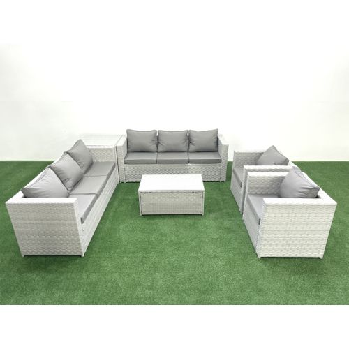 Salon De Jardin En Rotin Avec 2 Fauteuil Table Basse Oblongue Table D'appoint Gris Clair Mixte