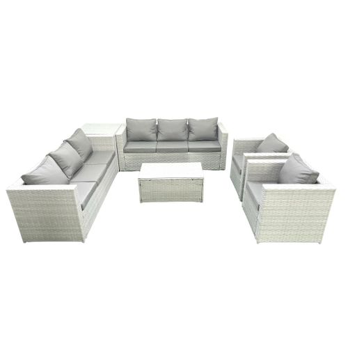 Salon De Jardin En Rotin Avec 2 Fauteuil Table Basse Oblongue Table D'appoint Gris Clair Mixte