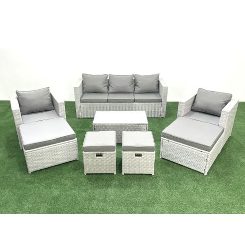 8 Pièces Salon De Jardin Canapé De Jardin Avec Fauteuil Table Basse 4 Tabourets Gris Clair Mixte