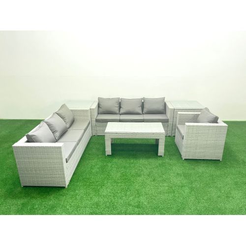 Meubles D'extérieur En Rotin Avec Table Basse Oblongue Fauteuil 2 Tables D'appoint Gris Clair Mixte