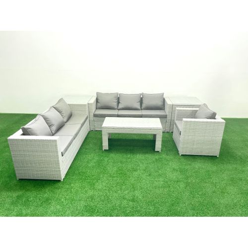 Meubles D'extérieur En Rotin Avec Table Basse Oblongue Fauteuil 2 Tables D'appoint Gris Clair Mixte