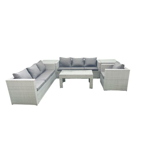 Meubles D'extérieur En Rotin Avec Table Basse Oblongue Fauteuil 2 Tables D'appoint Gris Clair Mixte