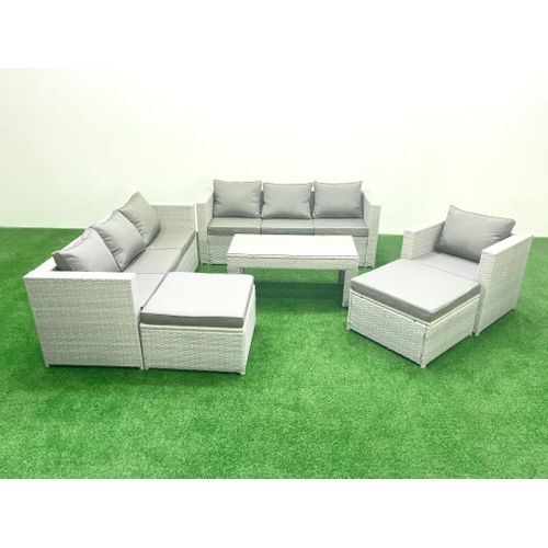 Meubles D'extérieur En Rotin Avec Table Basse Oblongue Fauteuil 2 Grand Tabourets Gris Clair Mixte