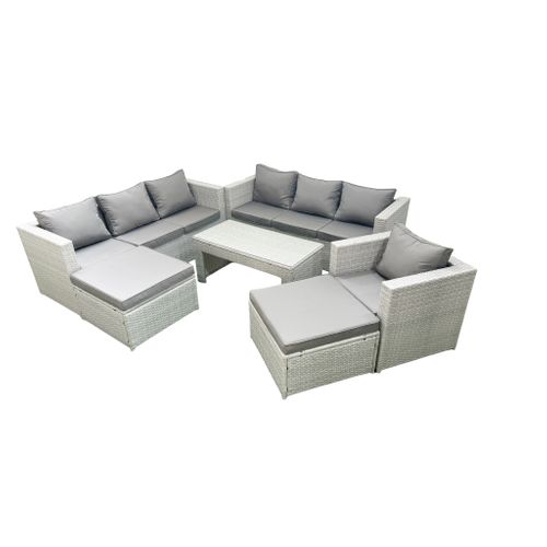 Meubles D'extérieur En Rotin Avec Table Basse Oblongue Fauteuil 2 Grand Tabourets Gris Clair Mixte