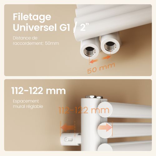 Sèche-serviettes à Eau Chaude 1535x600 Mm, 933w, Tubes Ronds, Porte-serviettes Mural, Blanc