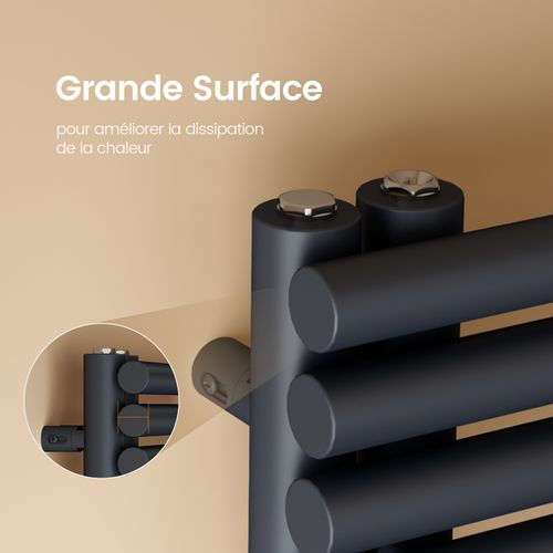 Sèche-serviettes à Eau Chaude 1660x600 Mm, 1075w, Tubes Ronds, Porte-serviettes Mural, Anthracite