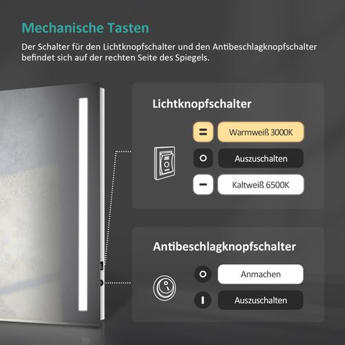 Miroir LED Salle De Bain 60x80cm Anti-buée Froide Chaude Bouton