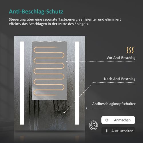 Miroir LED Salle De Bain 60x80cm Anti-buée Froide Chaude Bouton