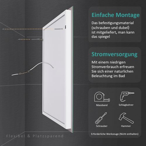 Miroir LED Salle De Bain 45x60cm Lumière Blanche Froide Carré