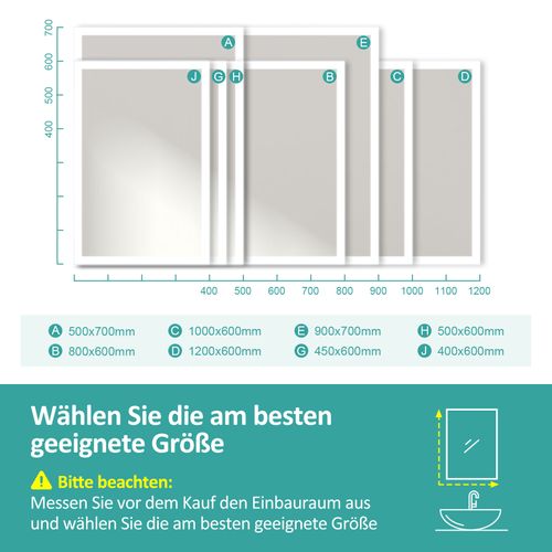 Miroir Lumineux Salle De Bain 50x70cm Anti-buée Double Éclairage Froide Chaude Bouton