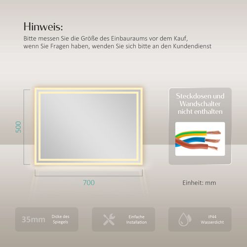 Miroir Pour Salle De Bain 50x70cm Anti-buée Double Éclairage Froide Chaude Bouton