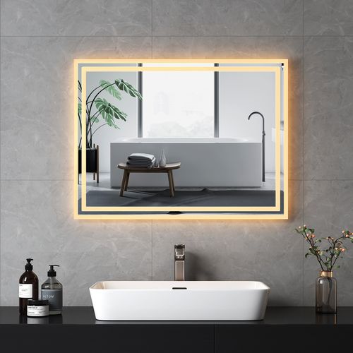 Miroir Pour Salle De Bain 60x80cm Anti-buée Double Éclairage Froide Chaude Bouton