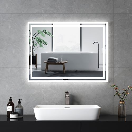 Miroir Pour Salle De Bain 60x80cm Anti-buée Double Éclairage Froide Chaude Bouton