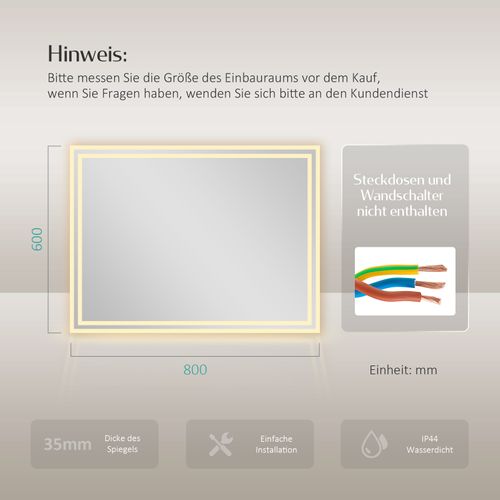 Miroir Pour Salle De Bain 60x80cm Anti-buée Double Éclairage Froide Chaude Bouton