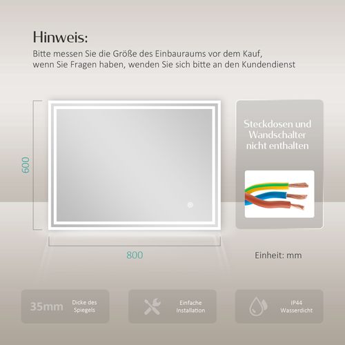 Miroir LED Salle De Bain 60x80cm Anti-buée Tactile Lumière Blanche Froide