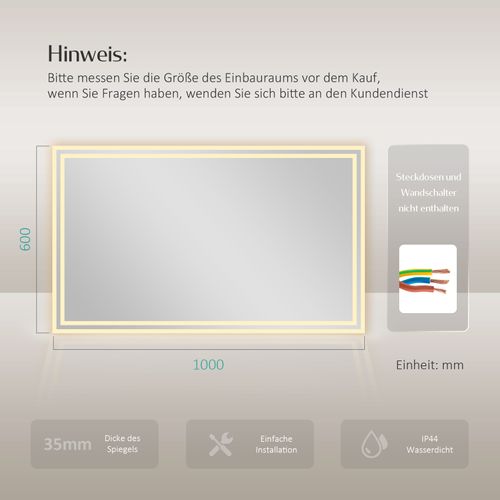 Miroir Pour Salle De Bain 60x100cm Anti-buée Double Éclairage Froide Chaude Bouton