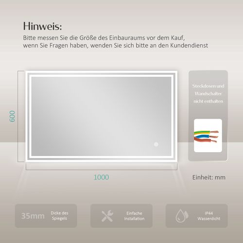 Miroir Pour Salle De Bain 60x100cm Anti-buée Tactile Lumière Blanche Froide