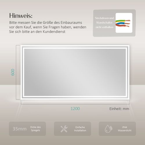 Miroir Pour Salle De Bain 60x120cm Anti-buée Double Éclairage Froide Chaude Bouton