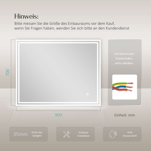 Miroir Pour Salle De Bain 70x90cm Anti-buée Tactile Lumière Blanche Froide