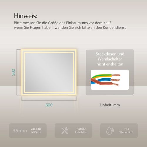 Miroir Pour Salle De Bain 50x60cm Anti-buée Double Éclairage Froide Chaude Bouton