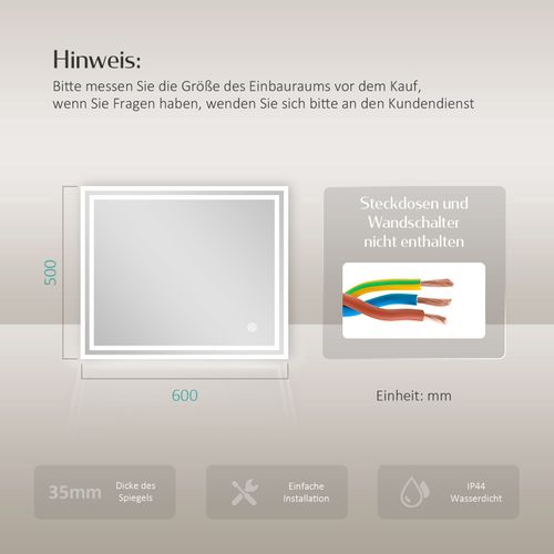 Miroir Pour Salle De Bain 50x60cm Anti-buée Tactile Lumière Blanche Froide