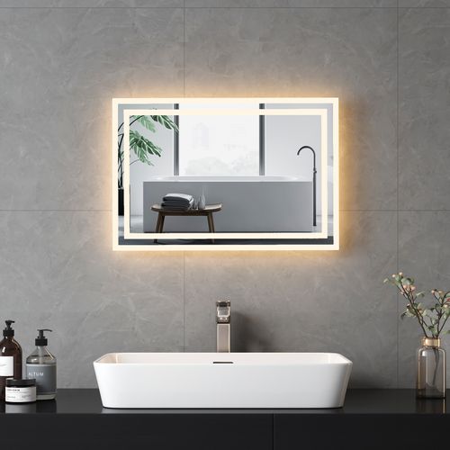 Miroir Pour Salle De Bain 40x60cm Anti-buée Double Éclairage Froide Chaude Bouton