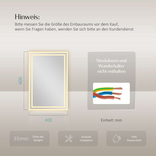 Miroir Pour Salle De Bain 40x60cm Anti-buée Double Éclairage Froide Chaude Bouton