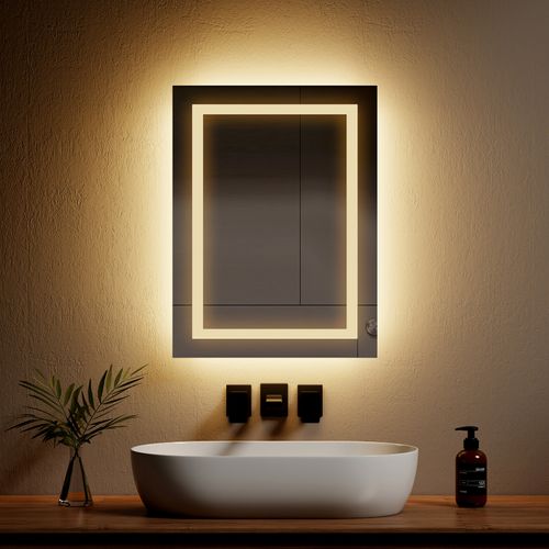 Miroir Salle De Bain LED 45x60cm Anti-buée Double Éclairage Froide Chaude Bouton