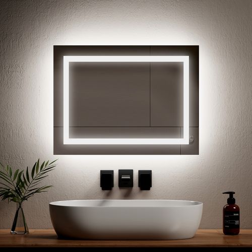 Miroir Salle De Bain LED 45x60cm Anti-buée Double Éclairage Froide Chaude Bouton