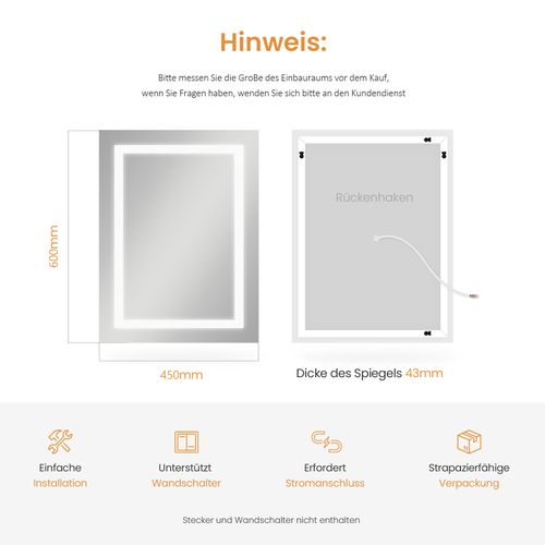 Miroir Salle De Bain LED 45x60cm Anti-buée Double Éclairage Froide Chaude Bouton