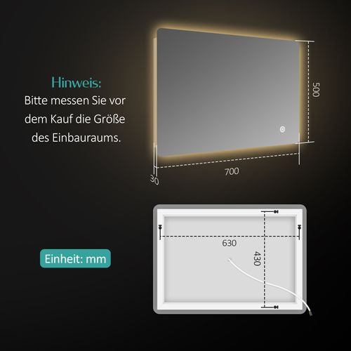 Miroir LED Salle De Bain 50x70cm Anti-buée Tactile Dimmable 3 Couleurs De Lumière