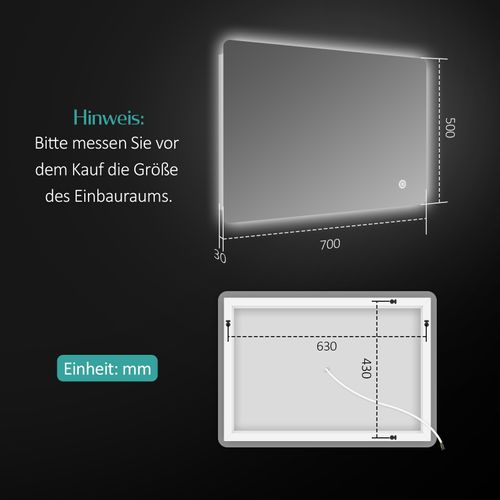Miroir LED Salle De Bain 50x70cm Interrupteur Tactile Lumière Blanche Froide