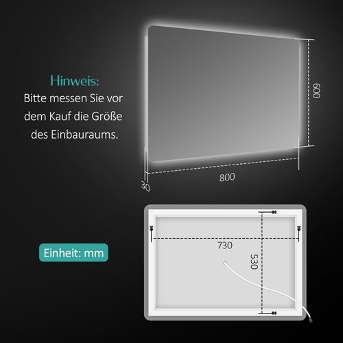 Miroir LED Salle De Bain 60x80cm Lumière Blanche Froide Vertical Et Horizontal