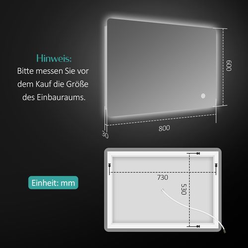 Miroir LED Salle De Bain 60x80cm Anti-buée Interrupteur Tactile Lumière Blanche Froide
