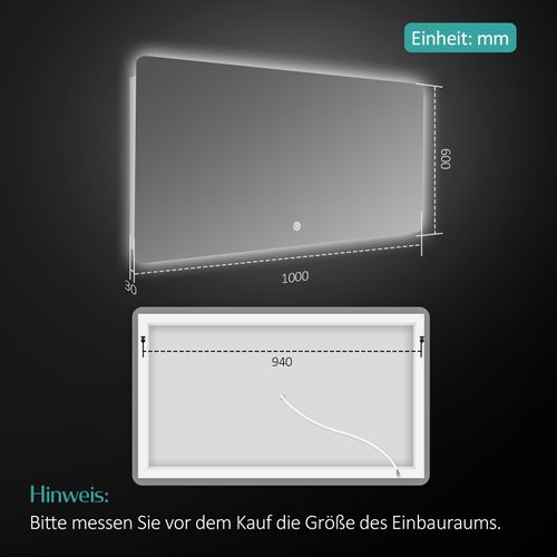 Miroir LED Salle De Bain 60x100cm Interrupteur Tactile Lumière Blanche Froide
