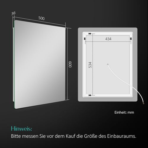 Miroir LED Salle De Bain 50x60cm Anti-buée Double Éclairage Froide Chaude Bouton