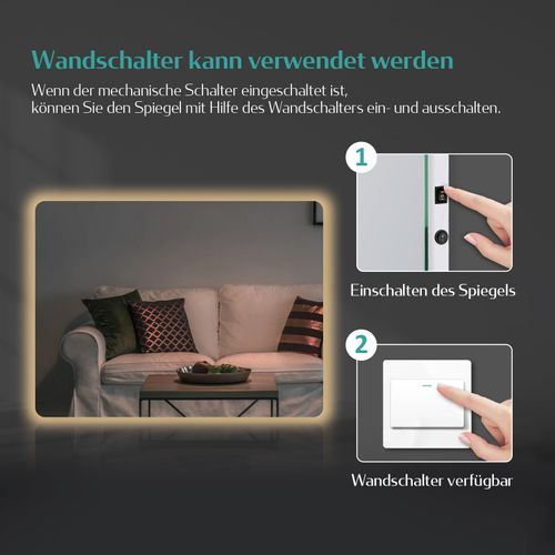 Miroir LED Salle De Bain 50x60cm Anti-buée Double Éclairage Froide Chaude Bouton