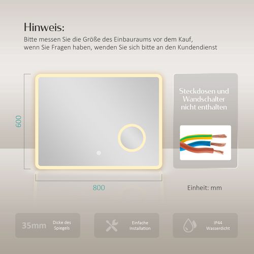 Miroir De Salle De Bain 60x80cm Anti-buée Loupe X3 Tactile Dimmable 3 Couleurs De Lumière