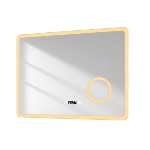 Miroir LED Lumineux Salle De Bain 80x60cm Anti-buée Tactile Loupe X3 Horloge 3 Couleurs