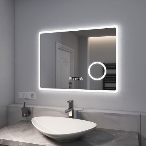 Miroir De Salle De Bain 60x80cm Anti-buée Loupe X3 Horloge Tactile Lumière Blanche Froide
