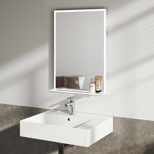 Miroir De Salle De Bain Avec Tablette 50x70cm Anti-buée Tactile Lumière Blanche Froide