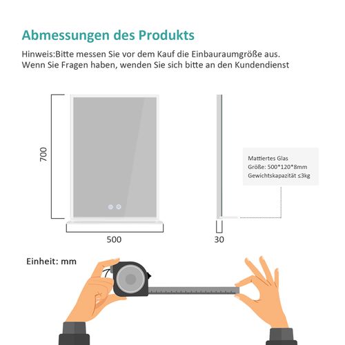 Miroir De Salle De Bain Avec Tablette 50x70cm Anti-buée Tactile Lumière Blanche Froide